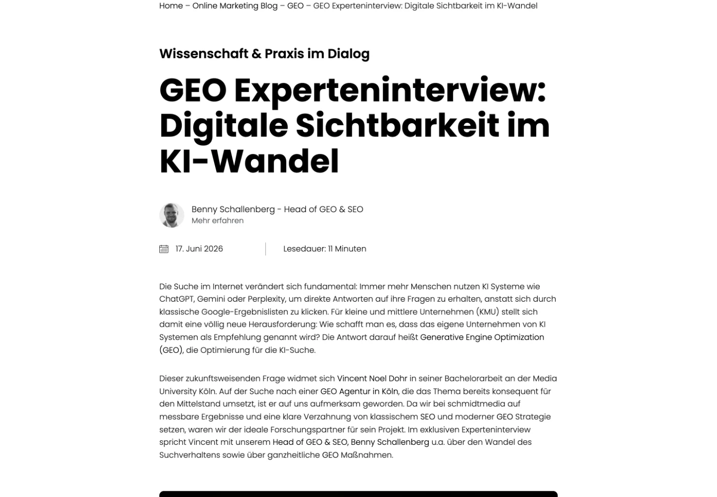 Das veröffentlichte Interview auf schmidtmedia.de, mit Titel, Datum und der Nennung von Vincent Noel Dohr