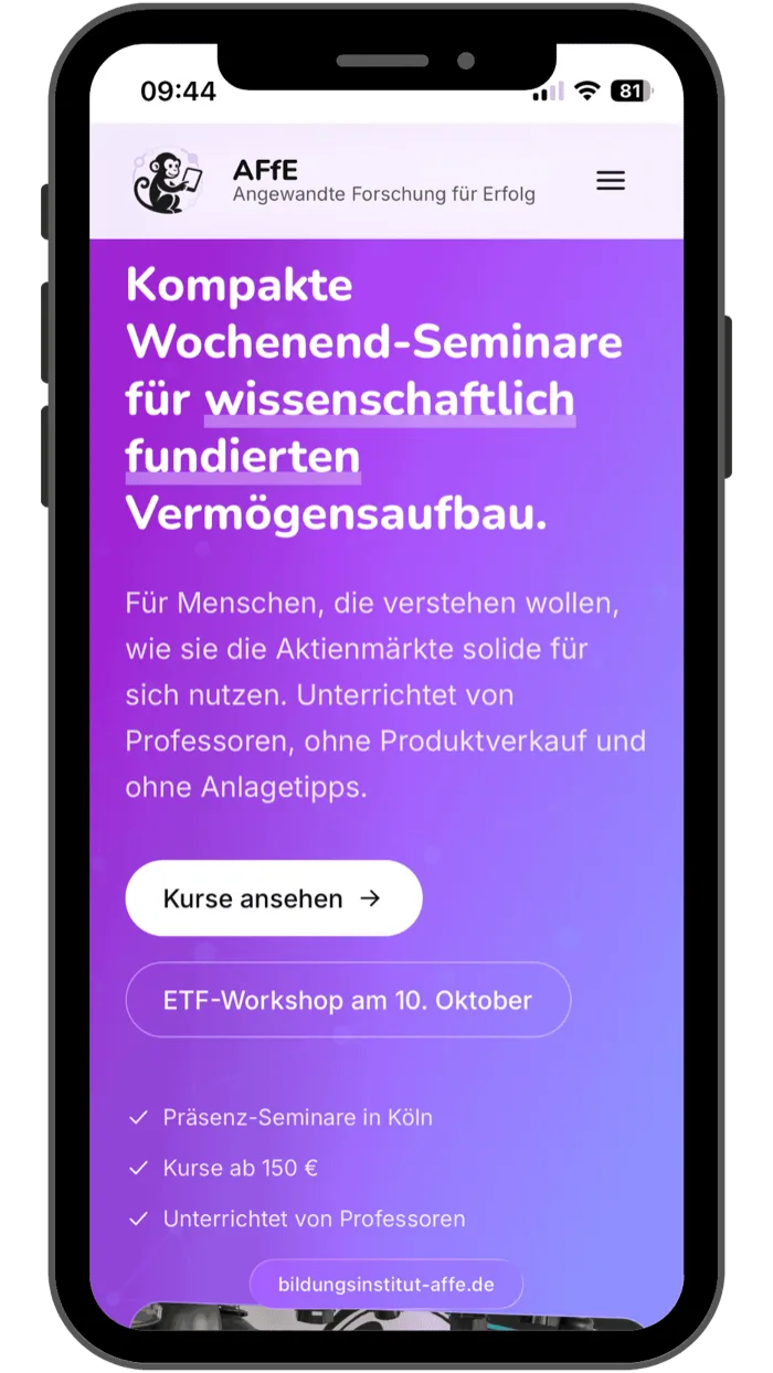Website Bildungsinstitut AFfE, mobile Ansicht