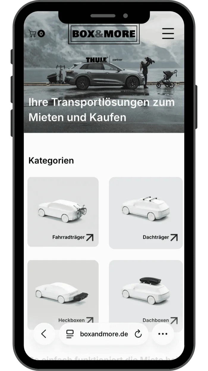 Website BOX & MORE, mobile Ansicht