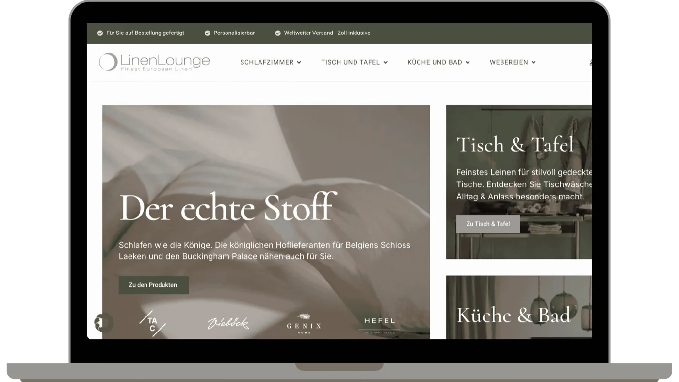 Website Linen Lounge, Desktop-Ansicht