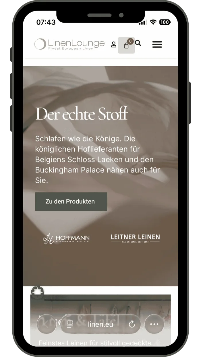 Website Linen Lounge, mobile Ansicht