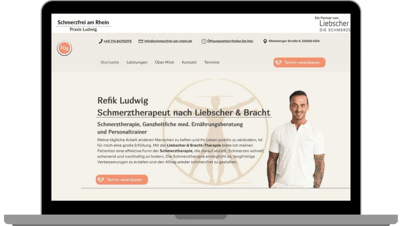 Website Schmerzfrei am Rhein, Desktop-Ansicht