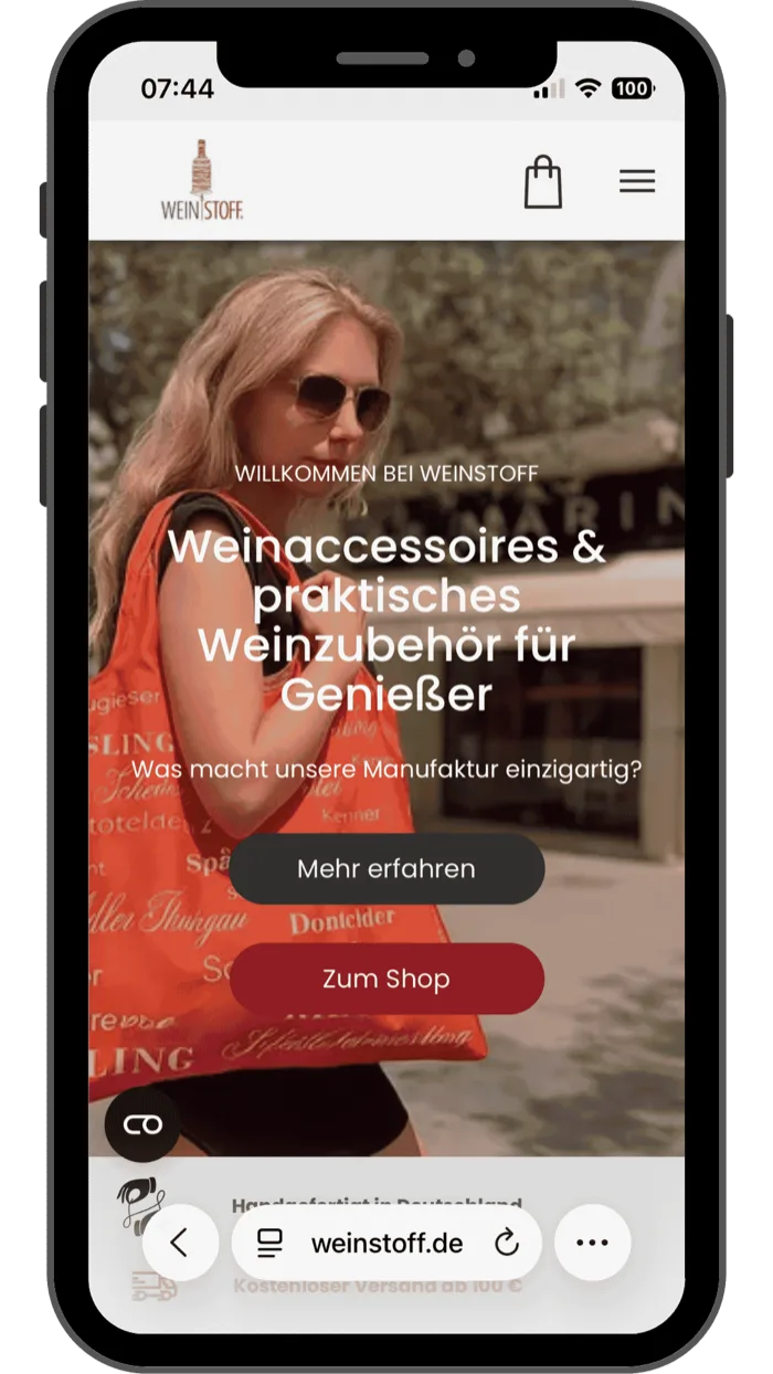 Website Weinstoff, mobile Ansicht
