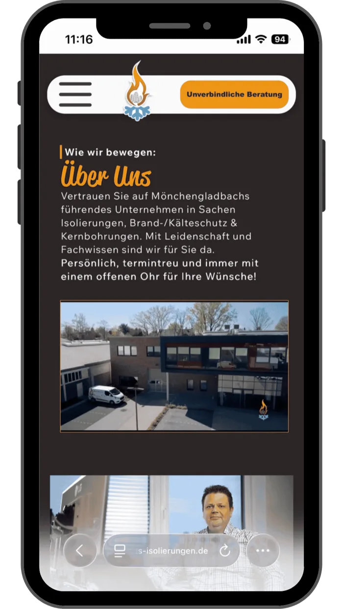 Website W&S Isolierungen, mobile Ansicht